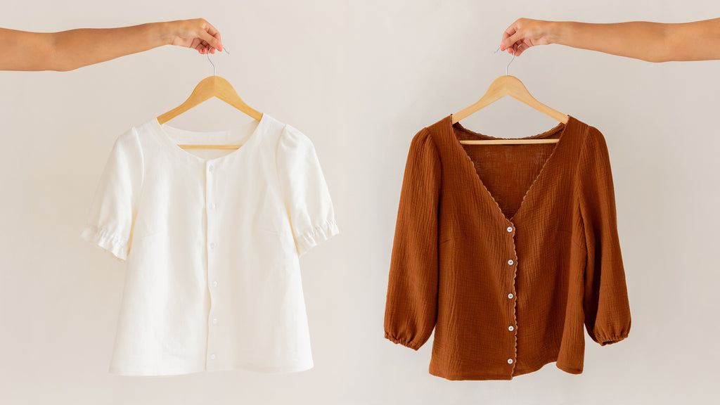 Blouse sewing pattern for beginners on a clothes hanger