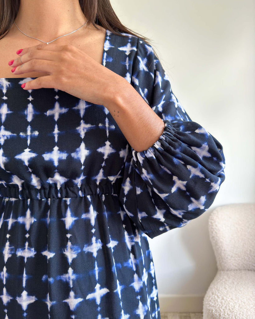 Raj Dress PDF Sewing Pattern Easy Sleeved Smock Midi Dress Elastic Waist Square Neckline