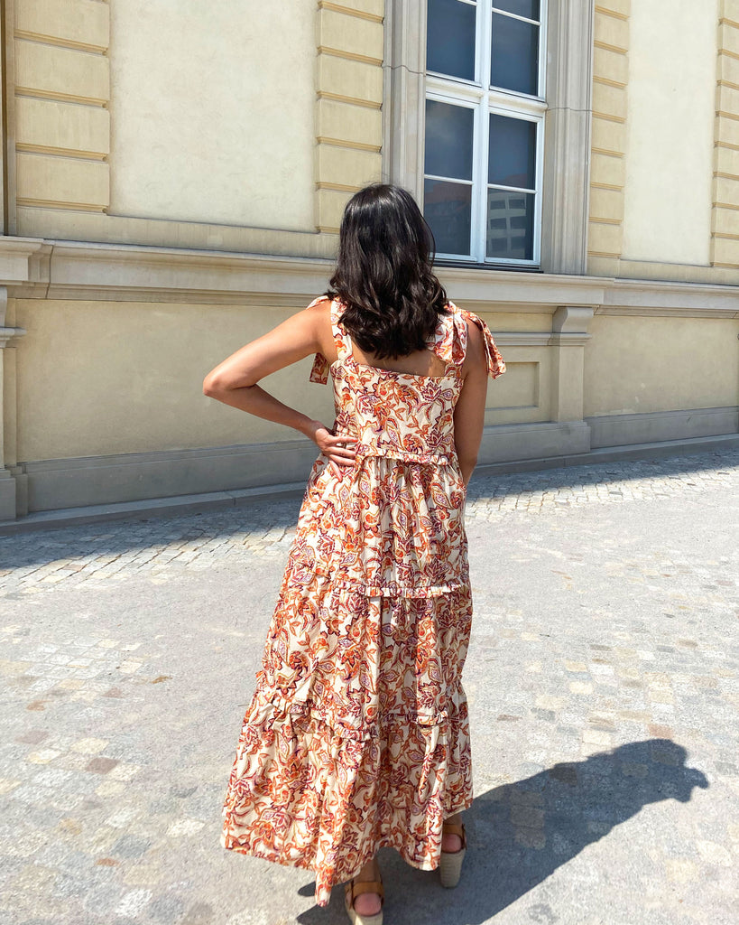 Raman Dress PDF Sewing Pattern Summer Cotton Ruffle Dress Maxi Tiered Gathered Skirt Tie Straps