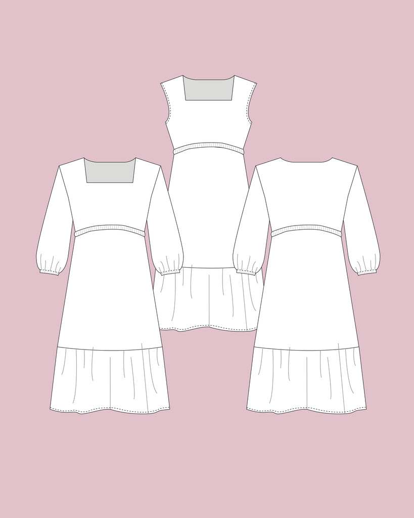 Raj Dress PDF Sewing Pattern Easy Sleeved Smock Midi Dress Elastic Waist Square Neckline