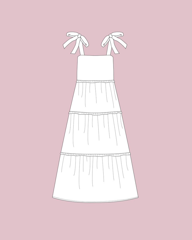 Raman Dress PDF Sewing Pattern Summer Cotton Ruffle Dress Maxi Tiered Gathered Skirt Tie Straps